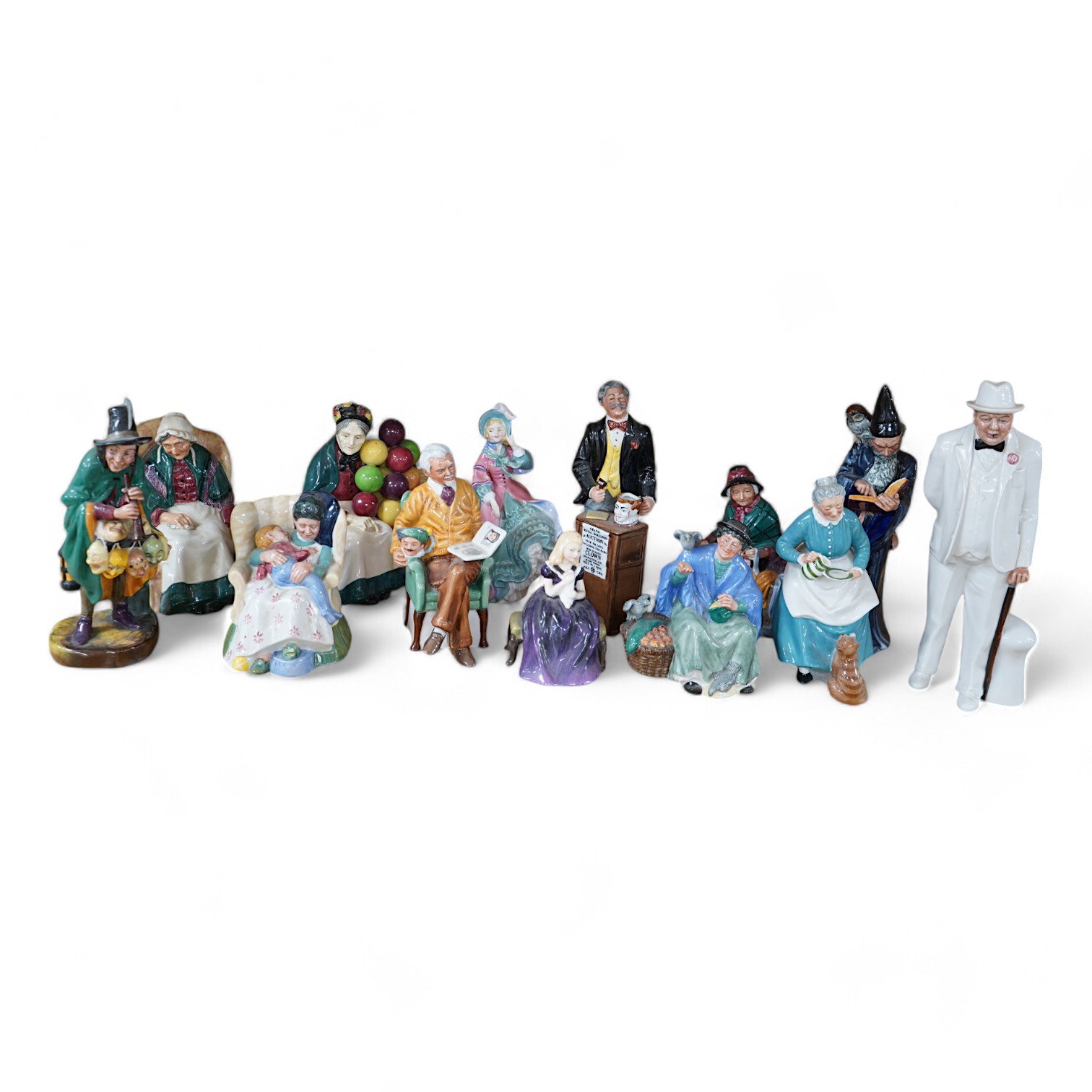 Thirteen Royal Doulton figures, including; Sweet Dreams, Pride and Joy, the Auctioneer, Sir Winston Churchill, the Wizard, etc. tallest 27cm. Condition - good.